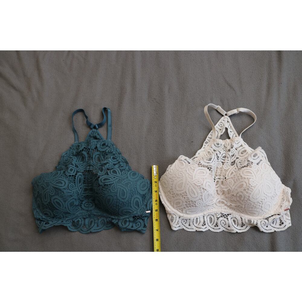 VICTORIAS SECRET PINK Halter Bra Lot Large Green White Lace High Neck Push Up - Picture 3 of 9